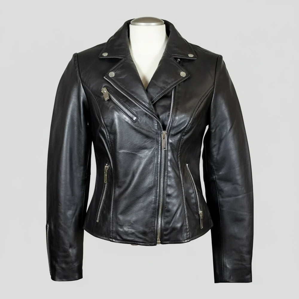 Chaqueta de moto para mujer de cuero de cordero premium con cremalleras asimétricasEX-STOCK Canada 
