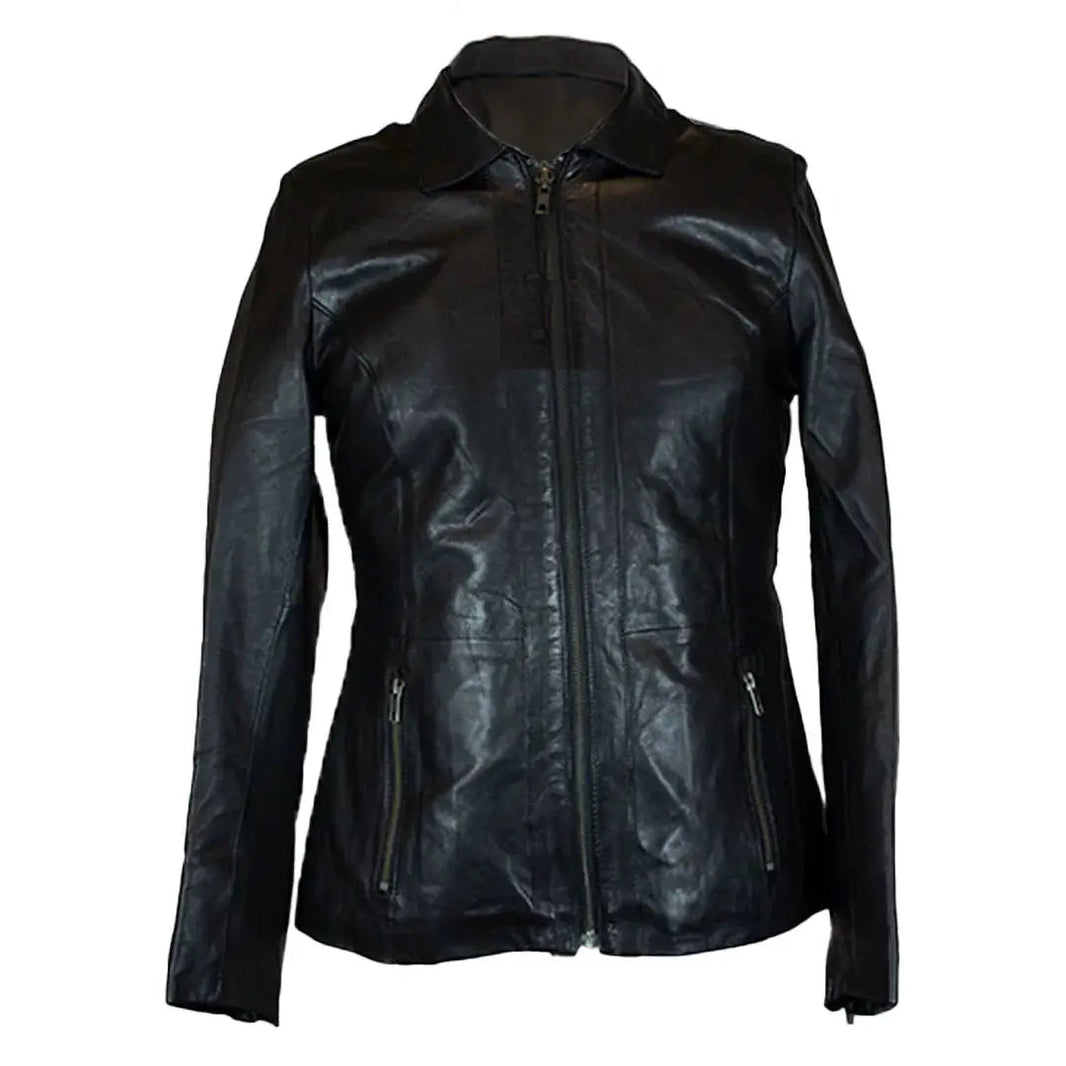Chaqueta de cuero de piel de oveja para mujer BOL estilo motociclista clásico negra con cremalleraEX-STOCK Canada 