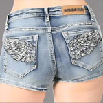 Shorts de mezclilla con alas de ángel de diamantes de imitación para mujer de Bus StopEX-STOCK Canada 