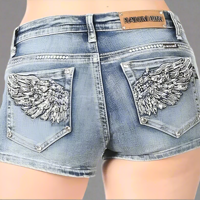 Shorts de mezclilla con alas de ángel de diamantes de imitación para mujer de Bus StopEX-STOCK Canada 