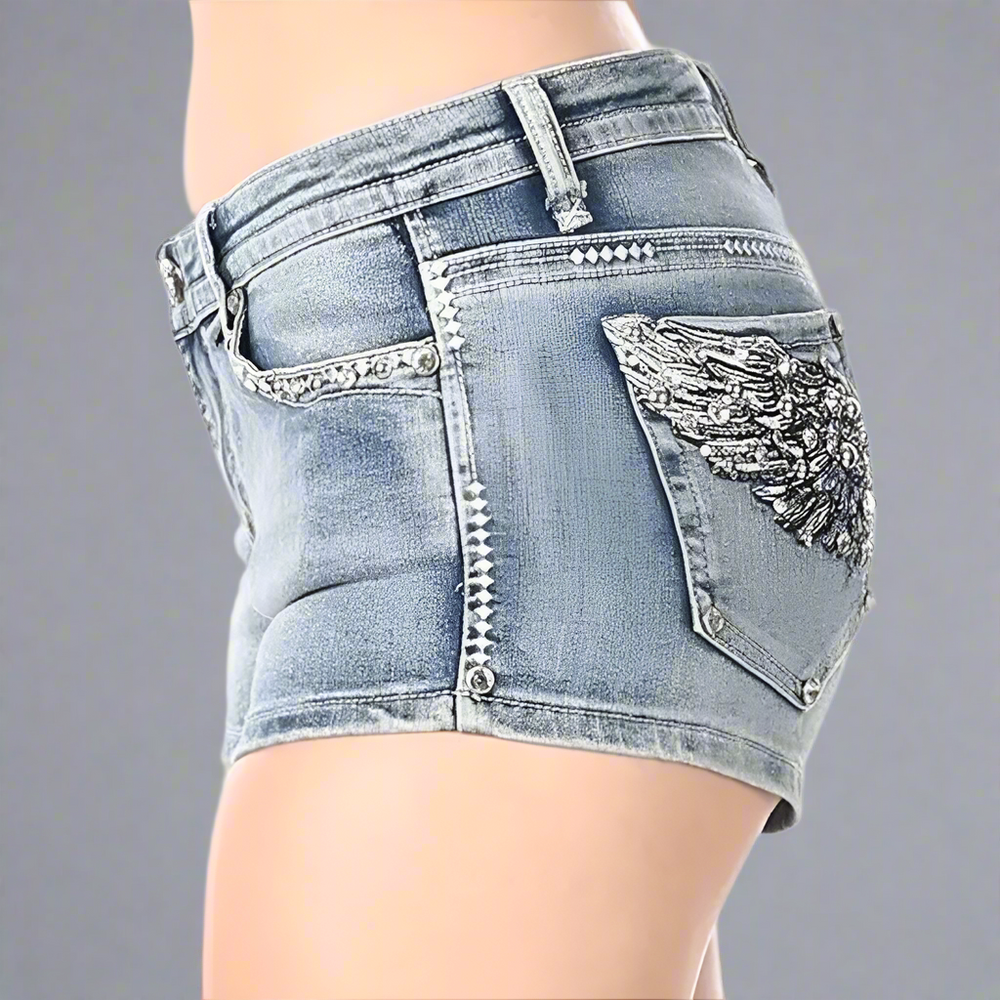 Shorts de mezclilla con alas de ángel de diamantes de imitación para mujer de Bus StopEX-STOCK Canada 
