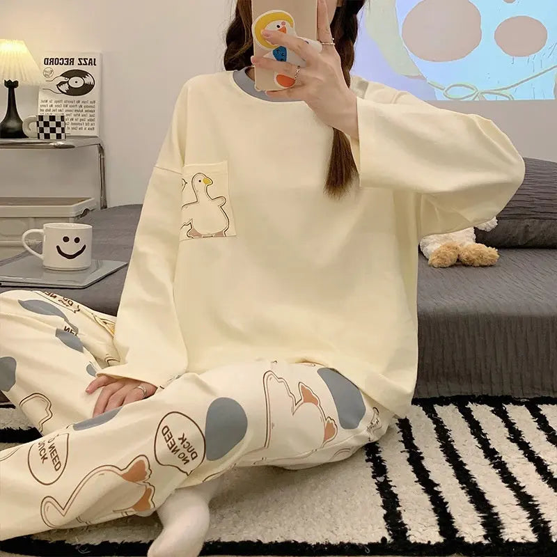 Cartoon Loose And Cute Long-sleeved Pajamas For Women Spring Autumn Set Casual Homewear Outerwear - EX-STOCK Canada