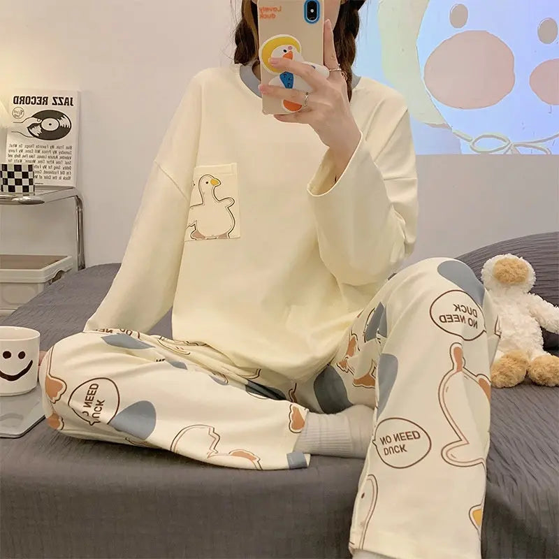 Cartoon Loose And Cute Long-sleeved Pajamas For Women Spring Autumn Set Casual Homewear Outerwear - EX-STOCK Canada