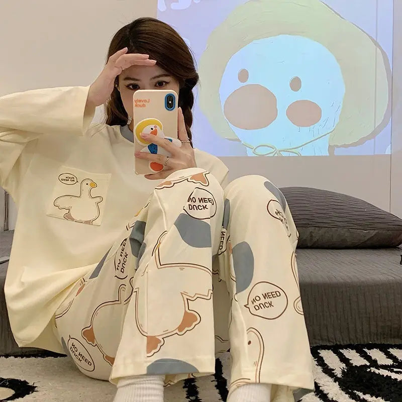 Cartoon Loose And Cute Long-sleeved Pajamas For Women Spring Autumn Set Casual Homewear Outerwear - EX-STOCK Canada