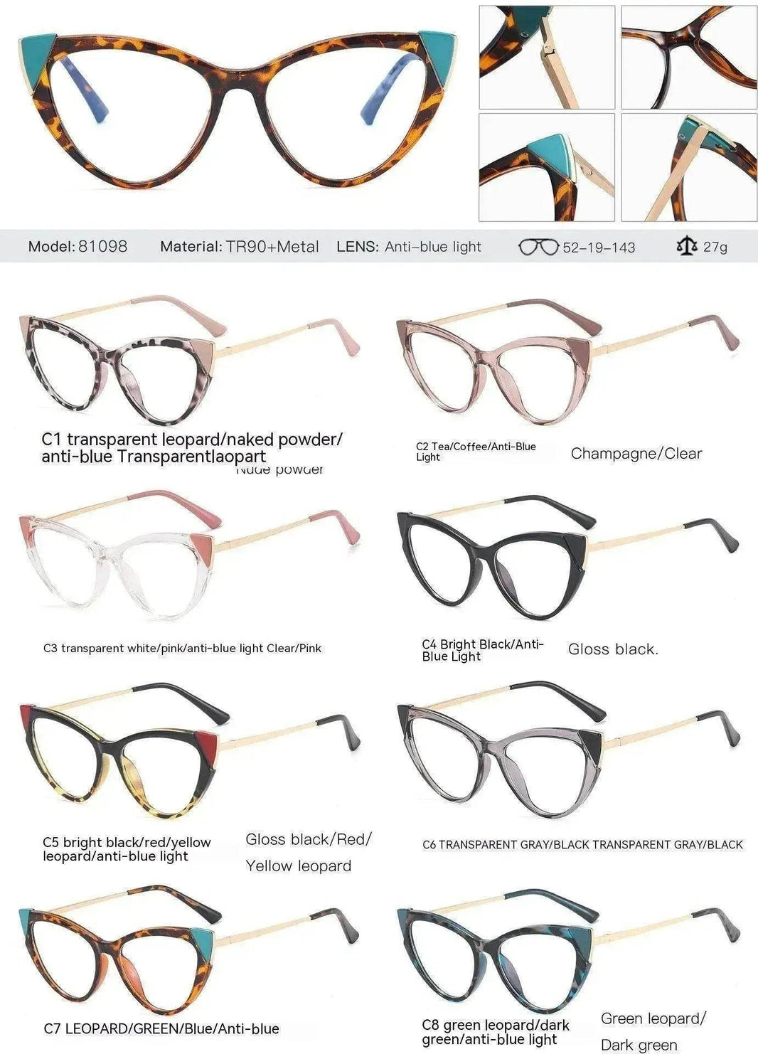 Cat Eye Anti-blue Light Large Frame Slim Look Optical Glasses - EX-STOCK Canada