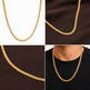 A collage showing a gold-toned chain necklace in four panels: a full curved view on a white background, a close-up draped on dark brown fabric, a close-up along the chain, and the necklace worn on a person's neck over a black shirt.