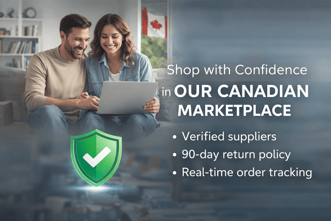 Couple using a laptop with text about shopping confidence in a Canadian marketplace. EX-STOCK Canada 