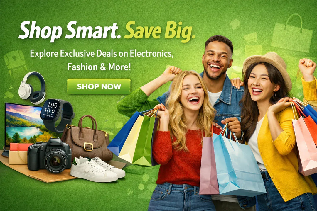 Promotional banner with people holding shopping bags and text encouraging shopping and saving.