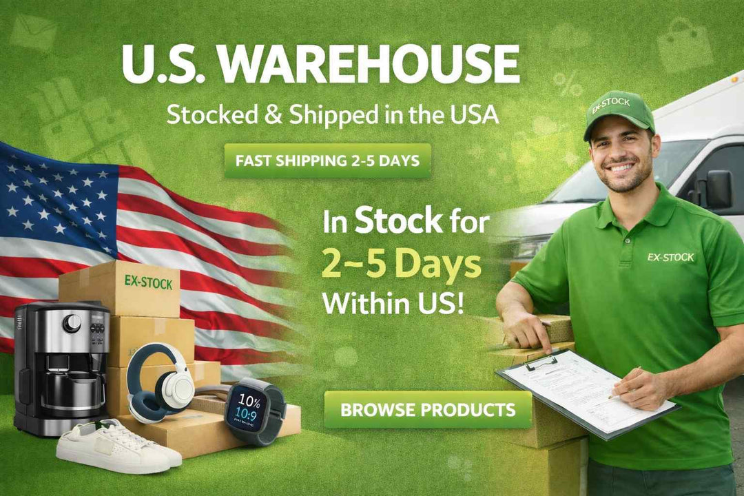 Promotional graphic for U.S. warehouse with a delivery person and various products on a green background.