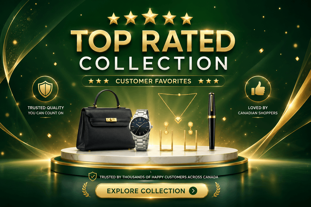 Promotional image of a top-rated collection with a handbag, watch, and pen on a green background.