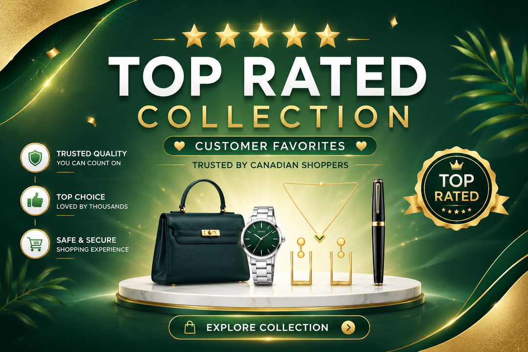 Promotional banner for a 'Top Rated Collection' featuring a black leather handbag, a silver watch, gold jewelry, and a black pen displayed on a white pedestal against a dark green background with gold accents and text badges.
