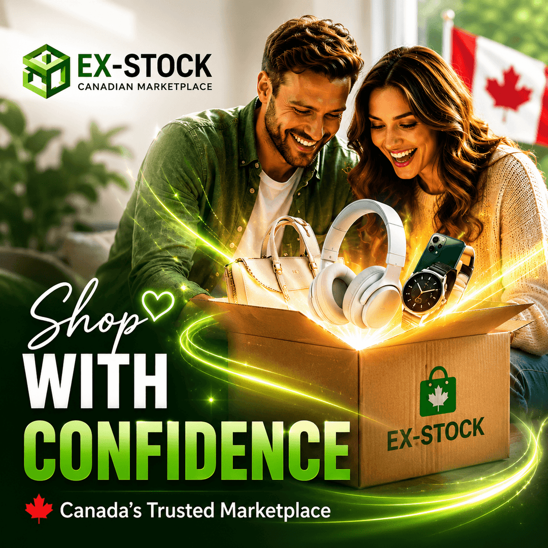 Couple opening a box with glowing products, Ex-Stock Canadian Marketplace advertisement.