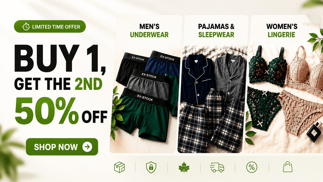 Promotional banner for men's underwear, pajamas, and women's lingerie with a buy one get one 50% off offer.