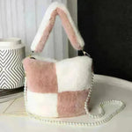 Checkerboard Plush Bucket Bag With Pearl Chain - EX-STOCK CANADA