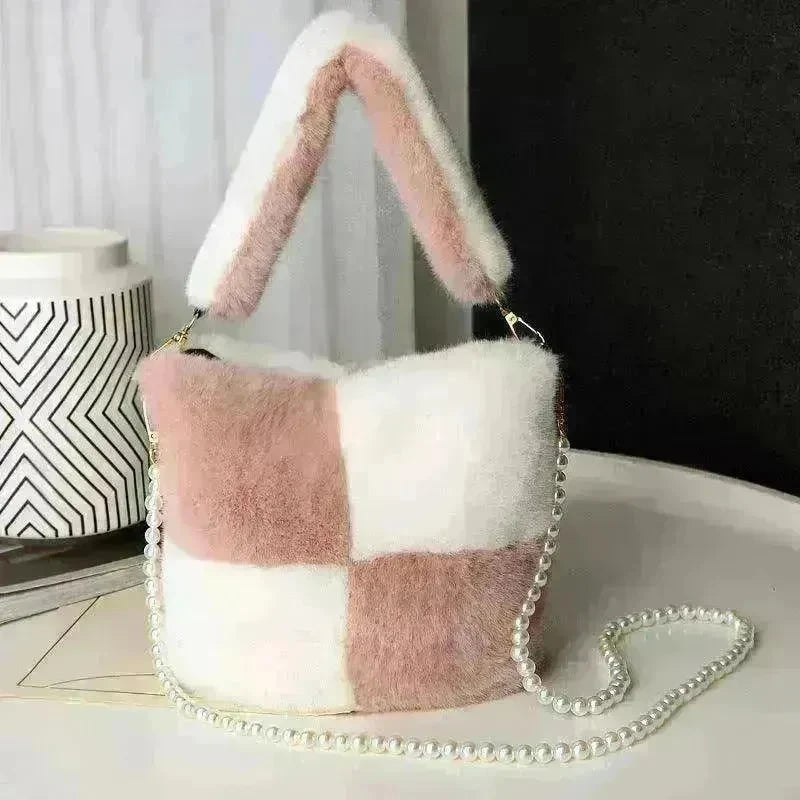Checkerboard Plush Bucket Bag With Pearl Chain - EX-STOCK CANADA