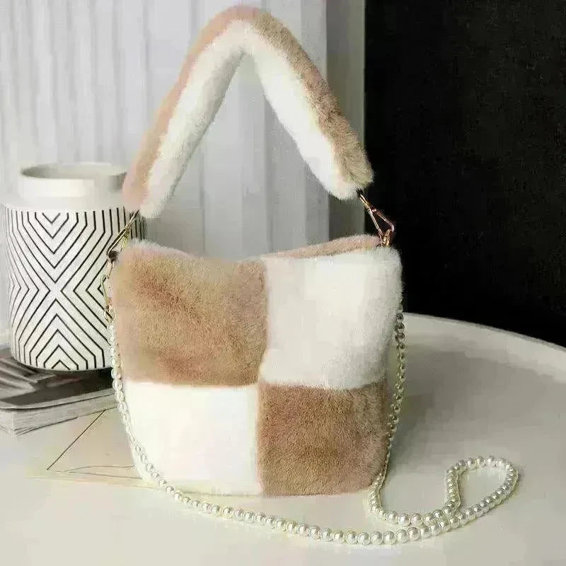 Checkerboard Plush Bucket Bag With Pearl Chain - EX-STOCK CANADA