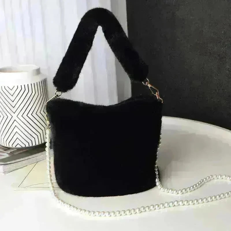 Checkerboard Plush Bucket Bag With Pearl Chain - EX-STOCK CANADA