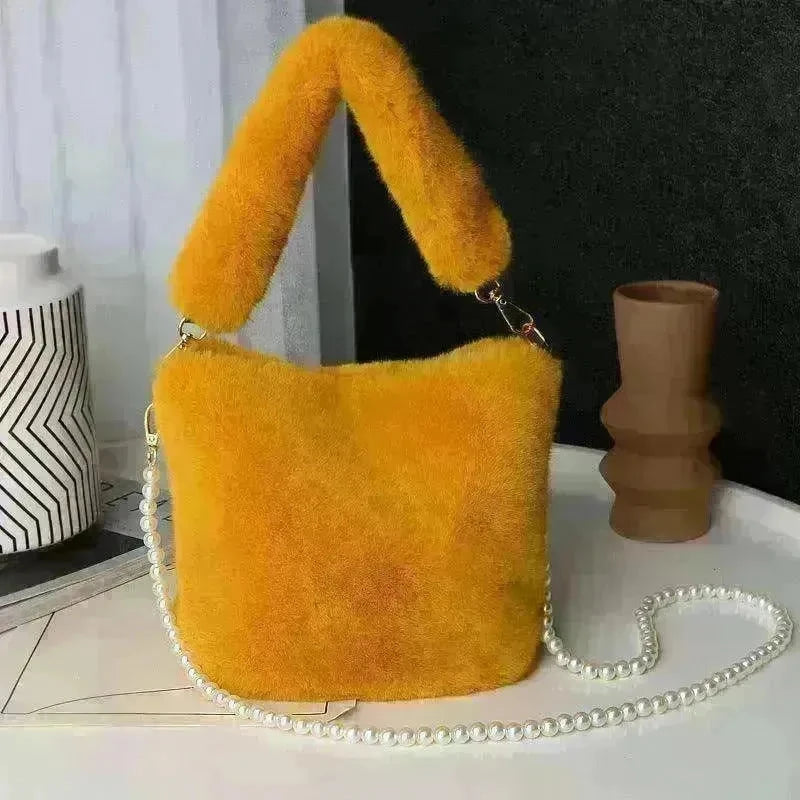 Checkerboard Plush Bucket Bag With Pearl Chain - EX-STOCK CANADA