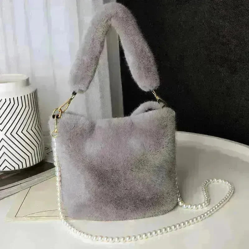 Checkerboard Plush Bucket Bag With Pearl Chain - EX-STOCK CANADA