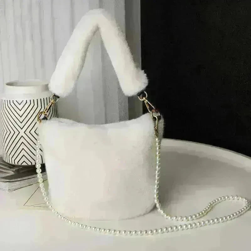 Checkerboard Plush Bucket Bag With Pearl Chain - EX-STOCK CANADA
