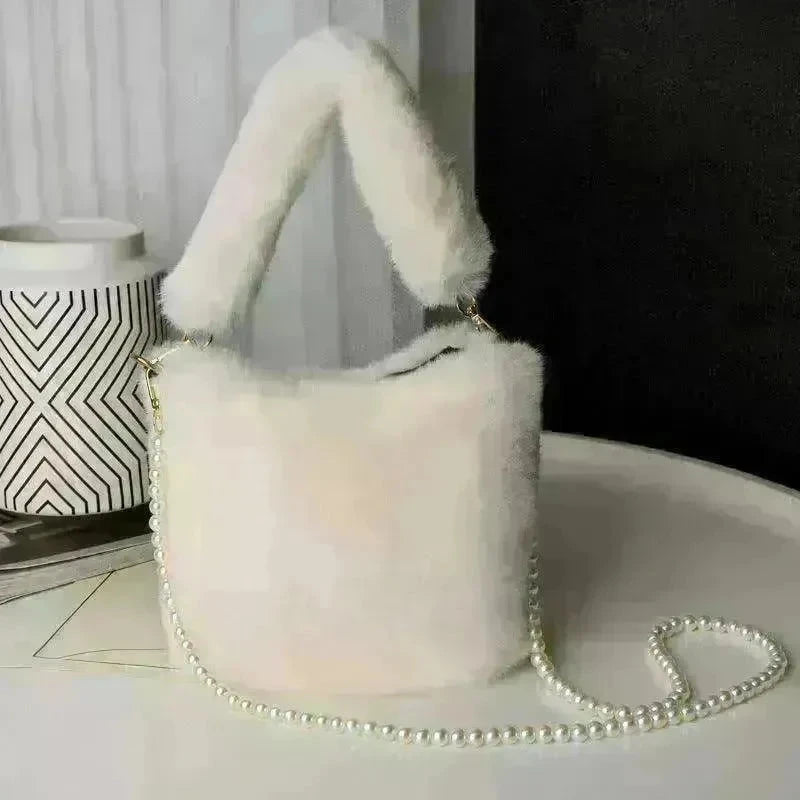 Checkerboard Plush Bucket Bag With Pearl Chain - EX-STOCK CANADA