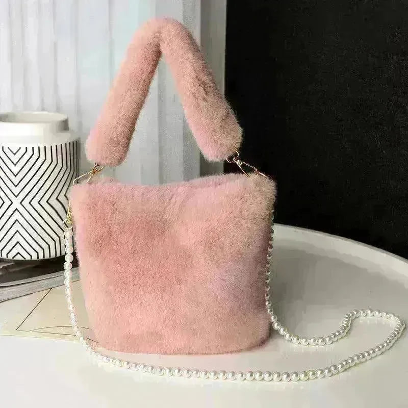 Checkerboard Plush Bucket Bag With Pearl Chain - EX-STOCK CANADA