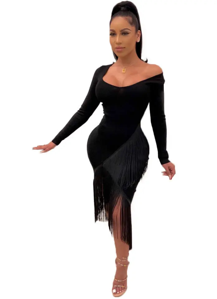 Chic Long Sleeve Tassel Fringed Bodycon Dress - EX-STOCK Canada