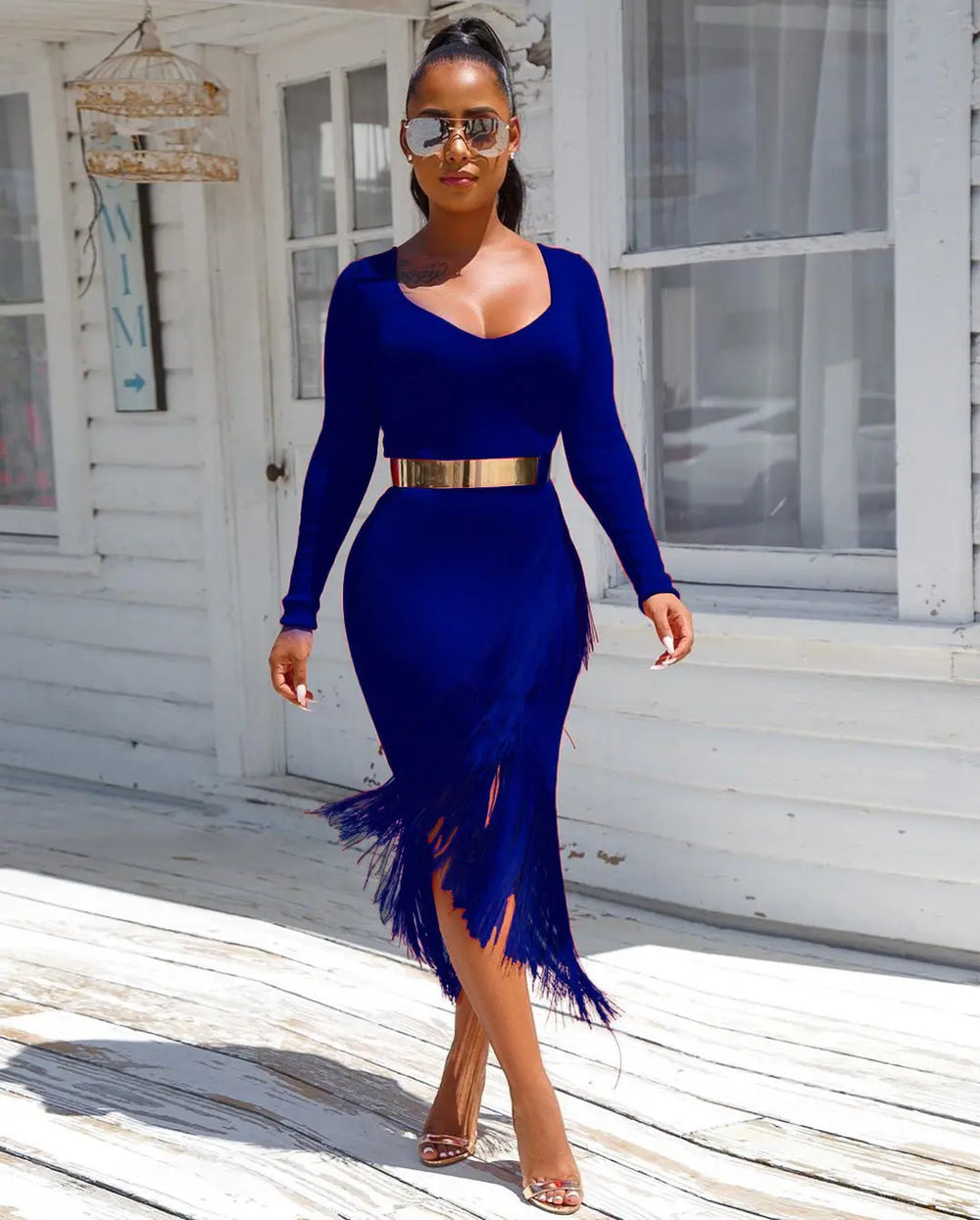 Chic Long Sleeve Tassel Fringed Bodycon Dress - EX-STOCK Canada