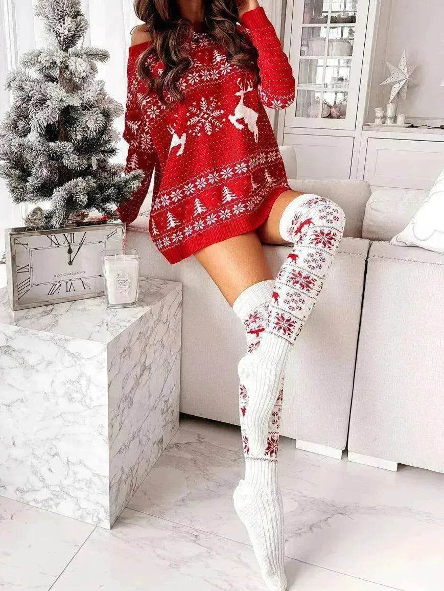 Christmas Knitted Cotton Woolen Thigh-High Deer Socks - EX-STOCK Canada