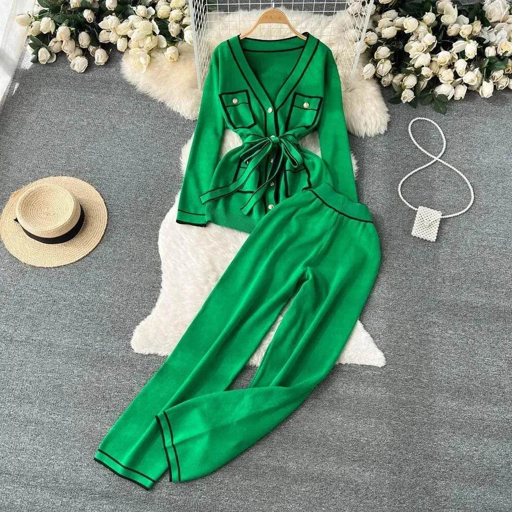 Contrast Color Suit Women's Long Sleeve V-neck Lace-up Knitwear Draping Wide Leg Trousers Two-piece Set - EX-STOCK Canada