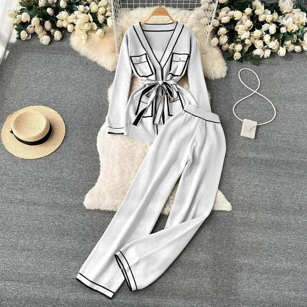 Contrast Color Suit Women's Long Sleeve V-neck Lace-up Knitwear Draping Wide Leg Trousers Two-piece Set - EX-STOCK Canada