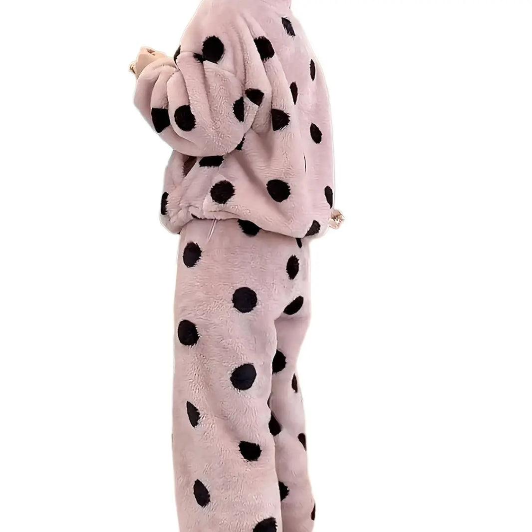 Cute Casual Pajamas For Women Winter Fleece-lined Thickened Polka Dot Turtleneck Drawstring Suit - EX-STOCK Canada
