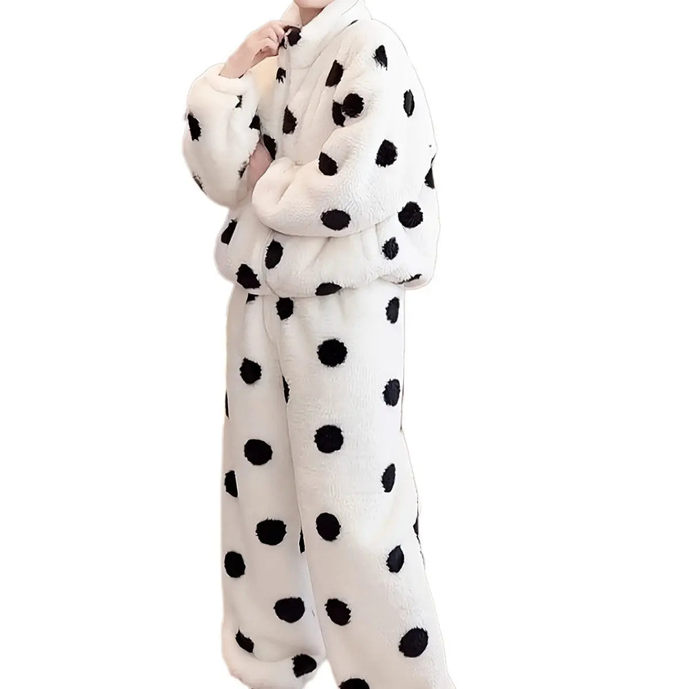 Cute Casual Pajamas For Women Winter Fleece-lined Thickened Polka Dot Turtleneck Drawstring Suit - EX-STOCK Canada