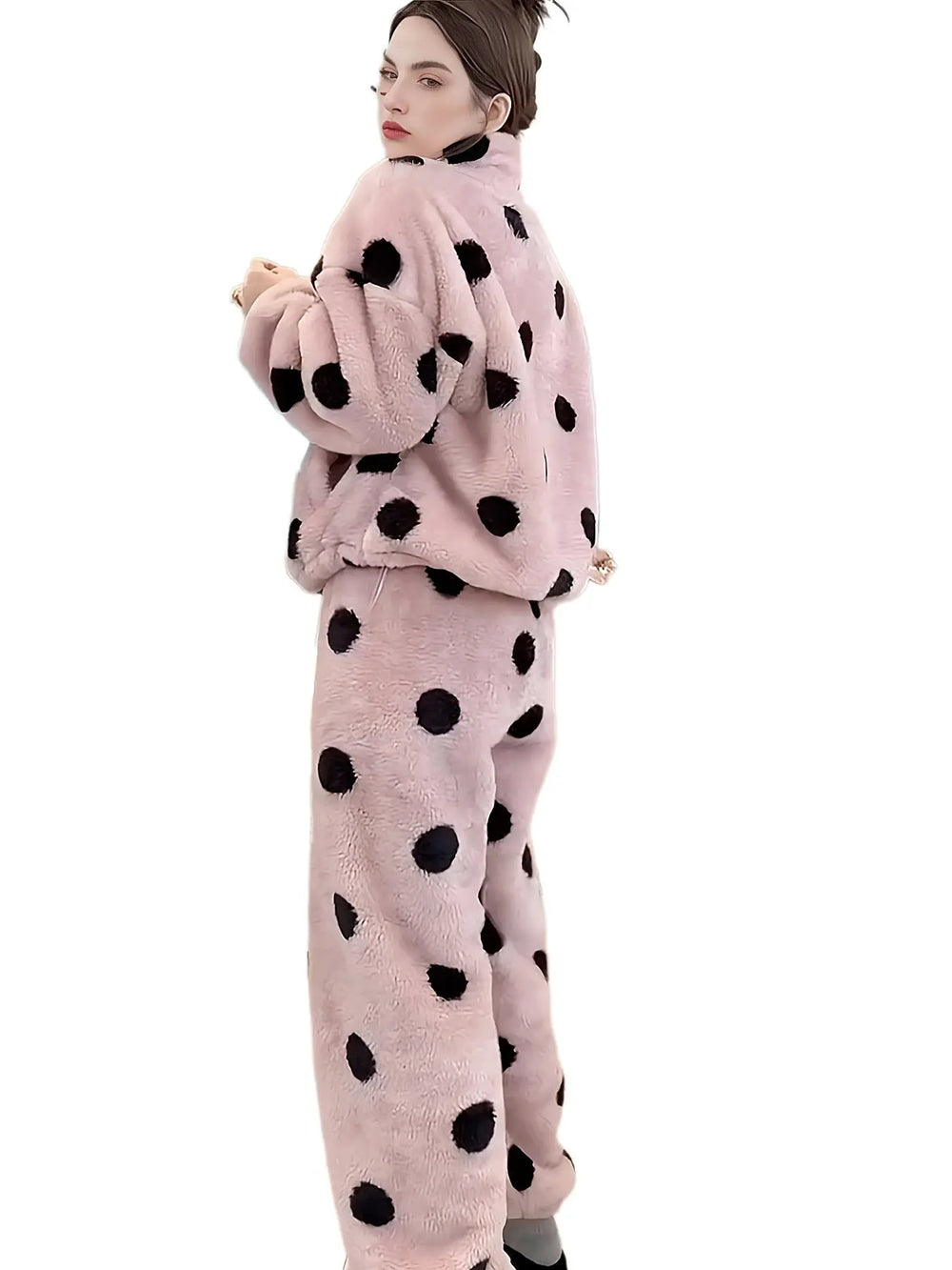 Cute Casual Pajamas For Women Winter Fleece-lined Thickened Polka Dot Turtleneck Drawstring Suit - EX-STOCK Canada