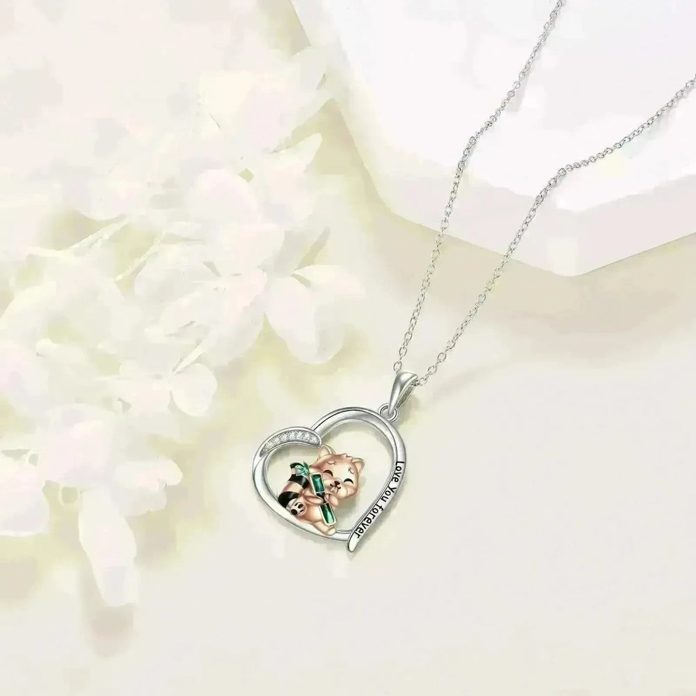 Cute Red Panda inside Heart Sterling 925 Silver Necklace - EX-STOCK CANADA