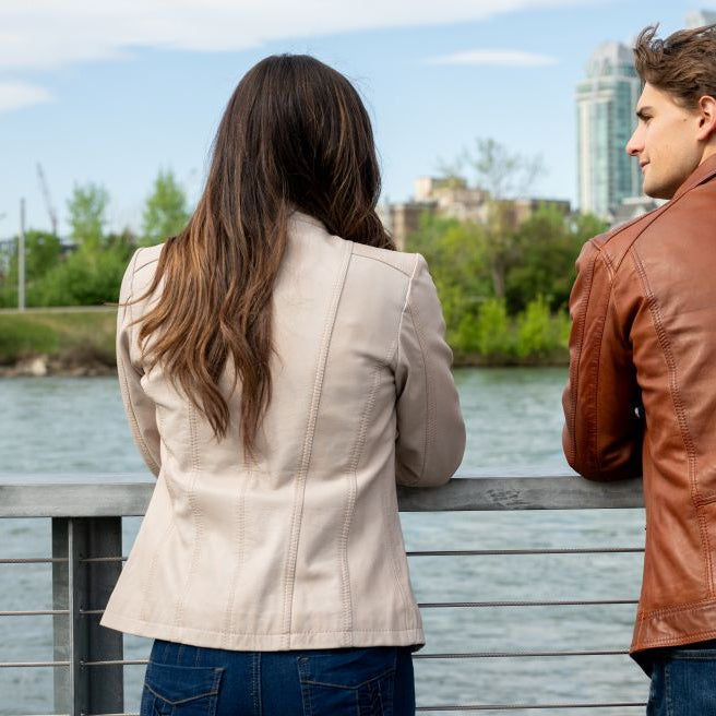 Women's Classic Lamb Leather Jacket. Round Collar with Studs, 4 Zippered Pockets & Shoulder Accent Stitching 