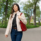 Women's Classic Lamb Leather Jacket. Round Collar with Studs, 4 Zippered Pockets & Shoulder Accent Stitching 