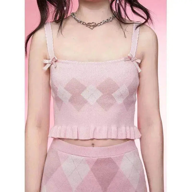 Diamond Vest Spaghetti Straps Knitted Cardigan Coat Three-piece Set - EX-STOCK Canada