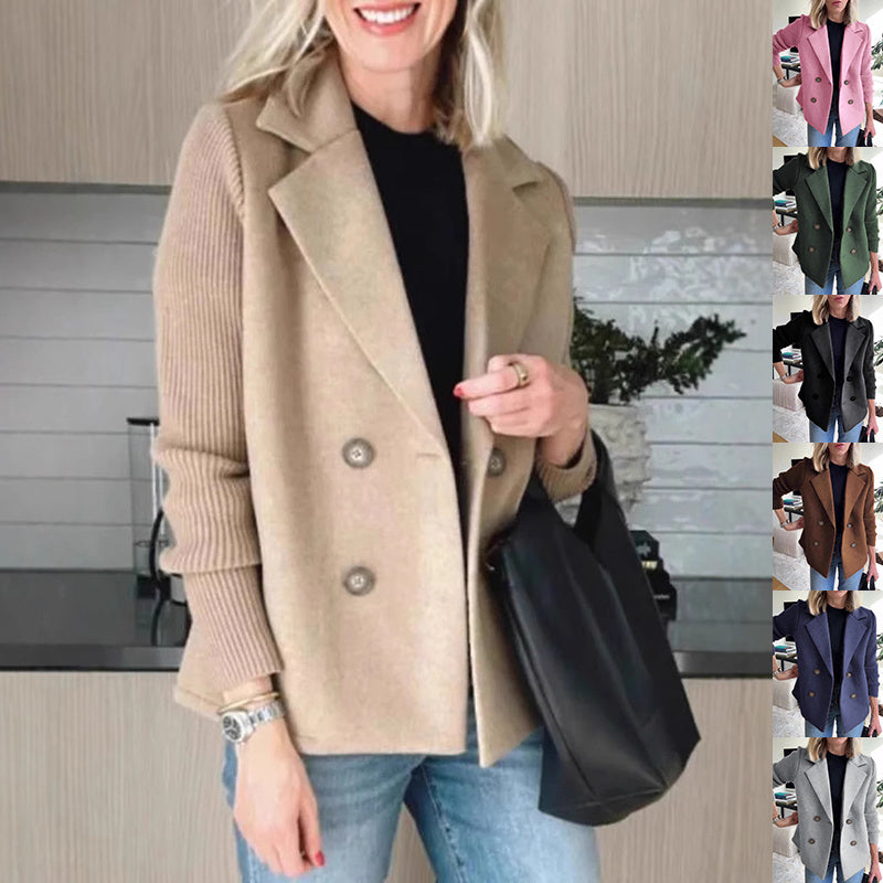 Double Breasted Lapel Jacket Fashion Knitted Sleeves Splicing Design Coat Outerwear EX-STOCK Canada 