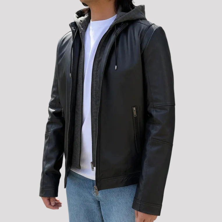 Men's Lamb Leather Hoodie Jacket with Detachable Hood 