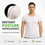 A man wearing a fitted white short-sleeve posture-support shirt on a light gray background, with marketing text reading 'Instant Posture Improvement' and a circular inset showing the shirt's shoulder area.