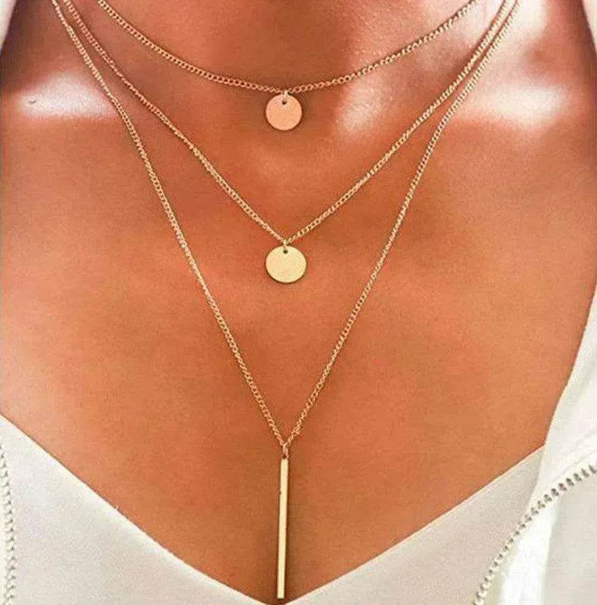 Electroplating Gold and Silver Double-layer Wafer And Long Bar Pendant Necklace - EX-STOCK Canada