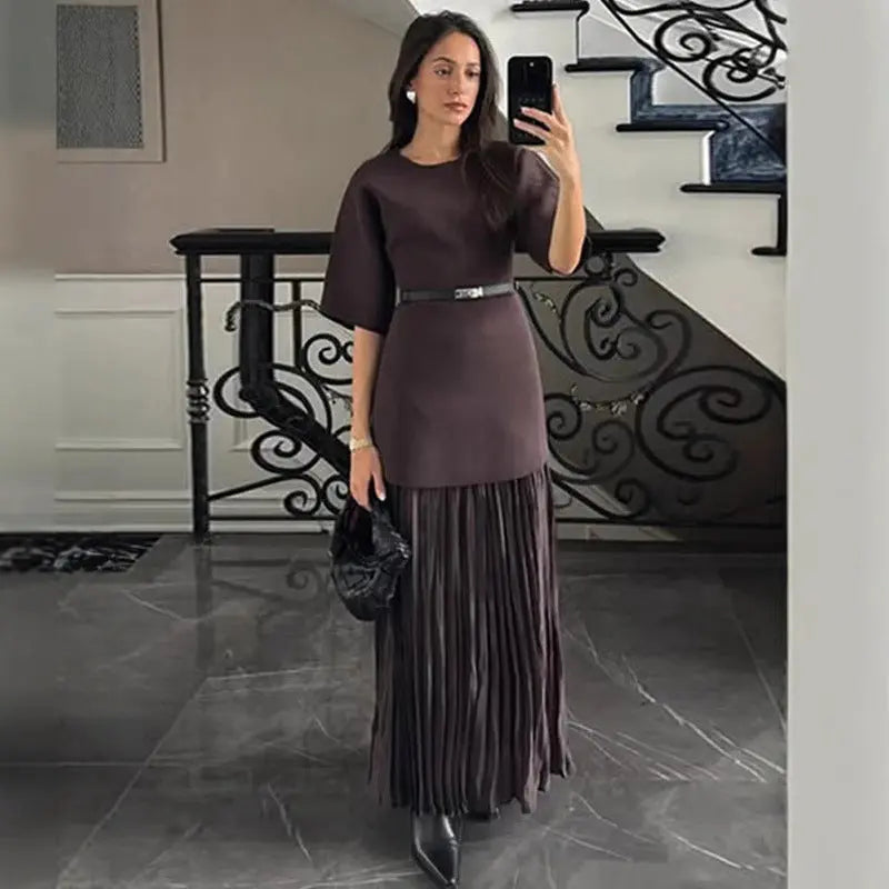 Elegant Brown Patchwork Pleated Short Sleeves Long Dress - EX-STOCK Canada