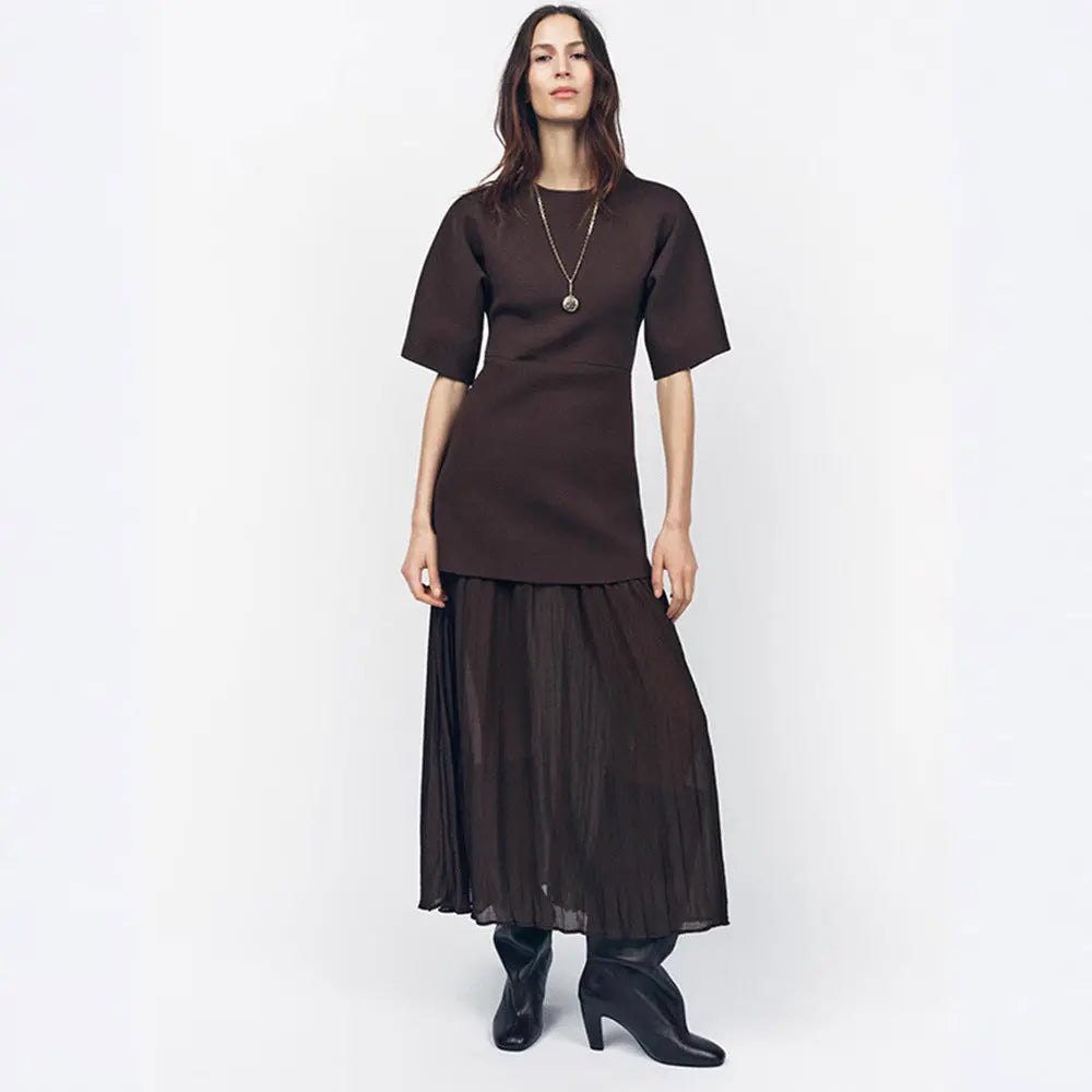 Elegant Brown Patchwork Pleated Short Sleeves Long Dress - EX-STOCK Canada