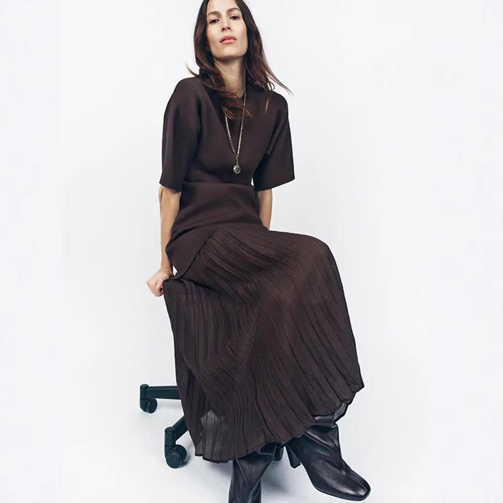 Elegant Brown Patchwork Pleated Short Sleeves Long Dress - EX-STOCK Canada