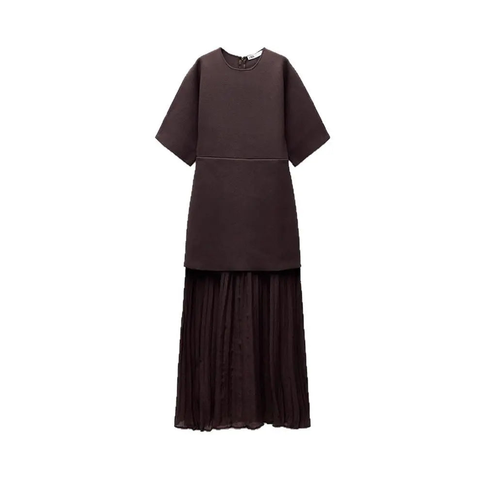 Elegant Brown Patchwork Pleated Short Sleeves Long Dress - EX-STOCK Canada
