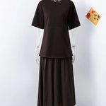 Elegant Brown Patchwork Pleated Short Sleeves Long Dress - EX-STOCK Canada