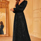 Elegant Dinner Sequined Long Sleeve V-neck High Waist Evening Dress EX-STOCK Canada 