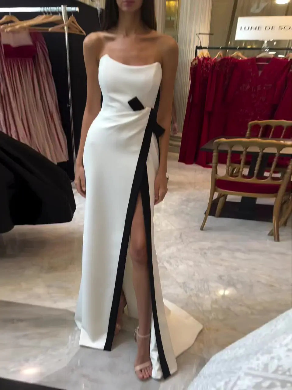 Elegant Simple Strapless White Slit Long Dress - EX-STOCK Canada