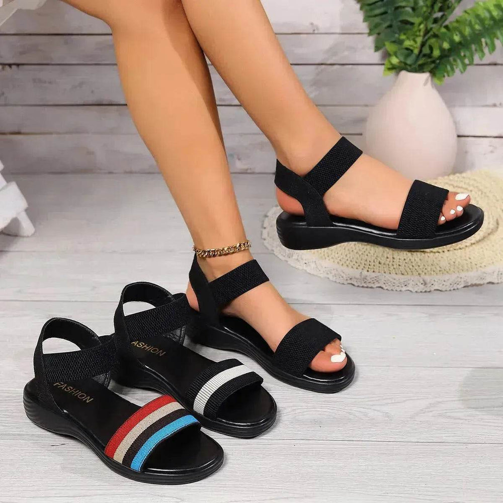Sandales élastiques à blocs de couleurs à la mode, chaussures plates été à bout ouvert pour femmes - EX-STOCK Canada